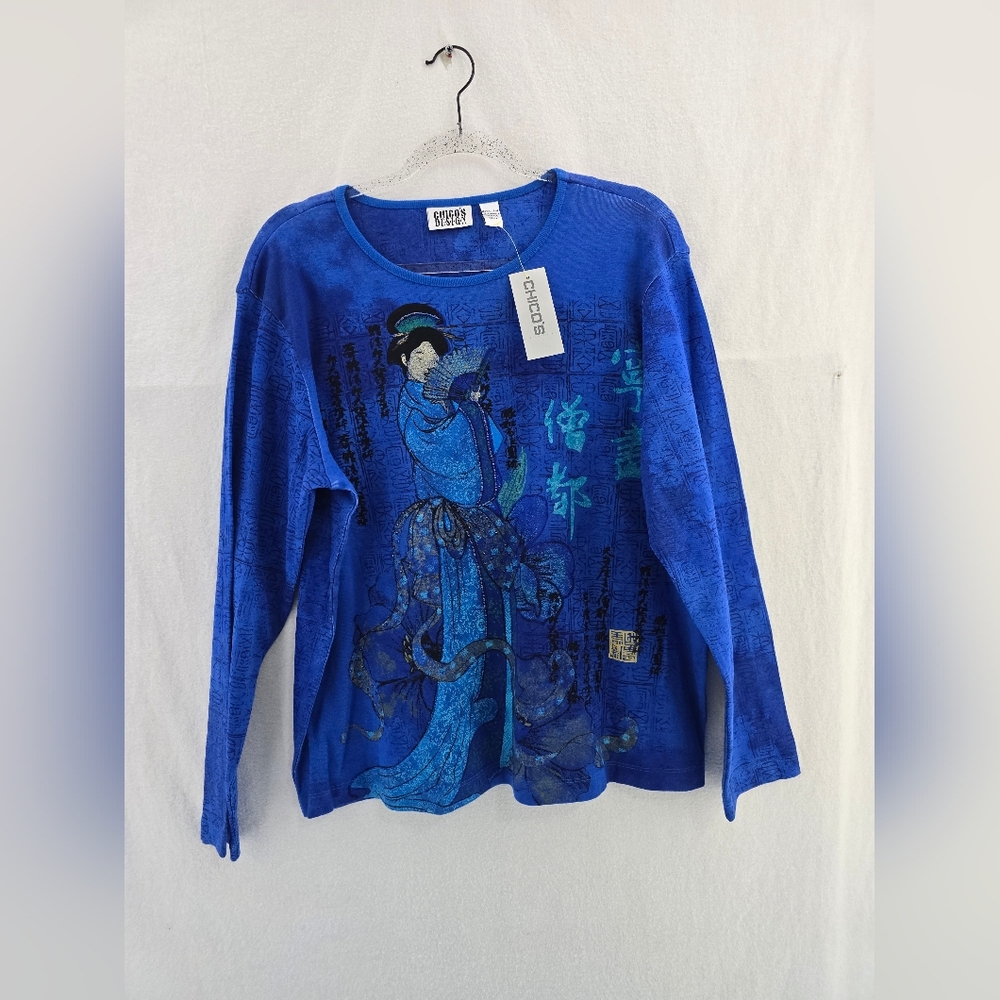 NWT Chicos Designs Blue Asian Pattern L Sleeve Pull Over CottonShirt. Ladies 16. - Picture 2 of 9